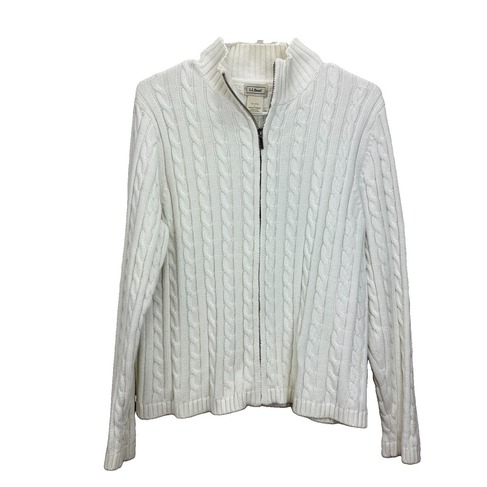 LL Bean Ivory Mock Neck Full Zip Cable Cotton Cardigan Sweater Size LARGE - Picture 2 of 9
